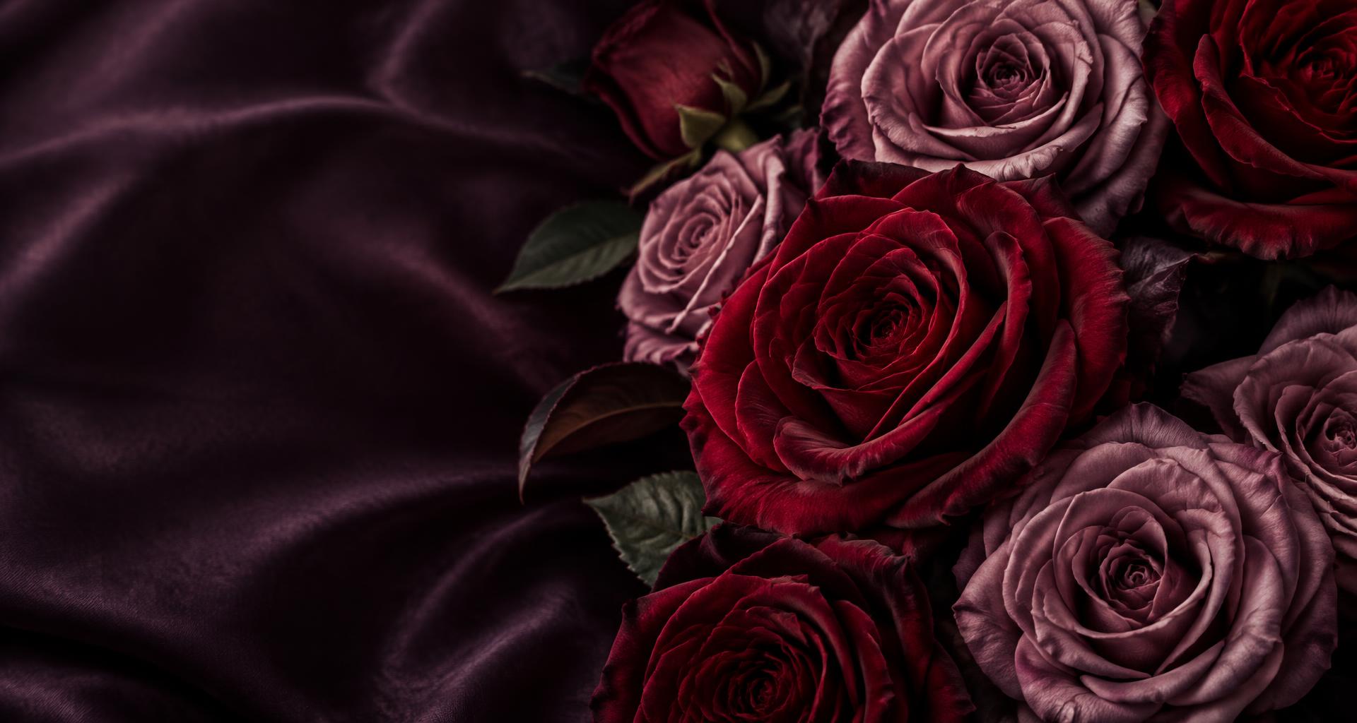 Crimson and mauve roses resting on ritual silk